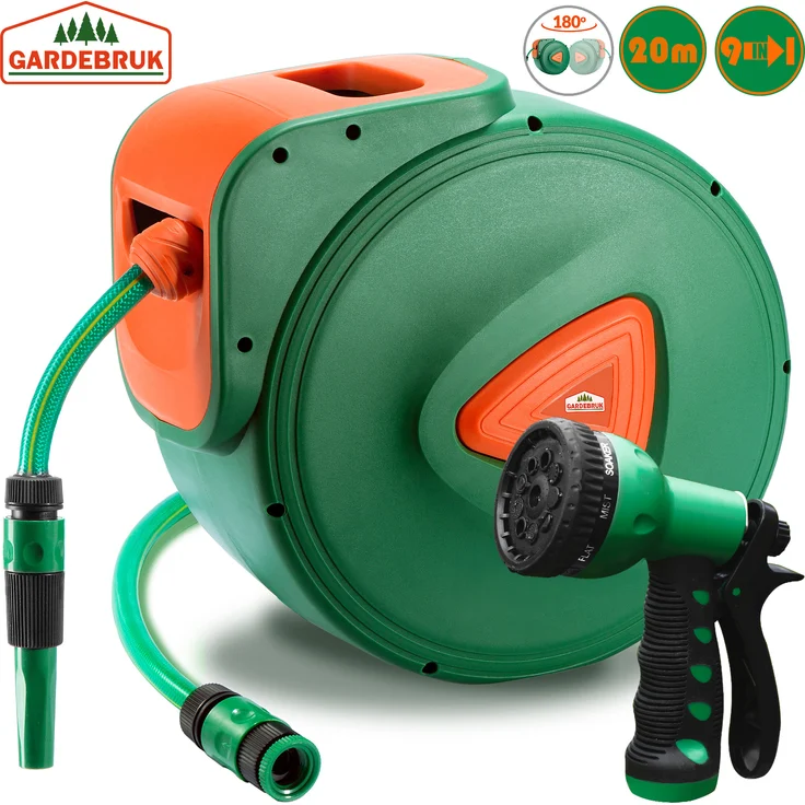 GARDEBRUK Schlauchtrommel 20m 2m Schlauchaufroller Automatik Wasser 180 Grad Schwenkbar Gartenschlauch Multi-Handbrause – Bild 1