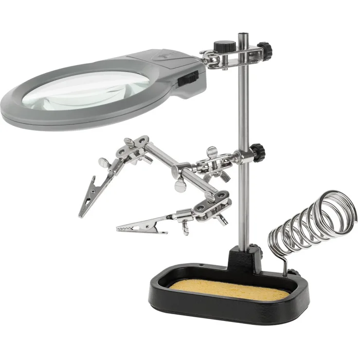 KEMOT NAR0150 Lötständer mit Zwei Klemmen, Lötkolbenhalter und LED-Lupe, 0 4 W, 4 5 V, Grau, silber, schwarz