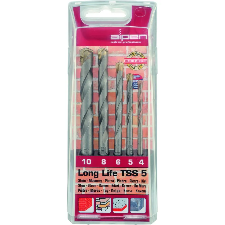 Bohrer - Hartmetall Steinbohrer Set Long Life TSS 5, 5-tlg. universeller Mauerbohrer, zum Schlag- und Drehbohren in Mauerwerk und Naturstein, lange Lebensdauer, robust Ø 4 - 5 - 6 - 8 - 10 mm