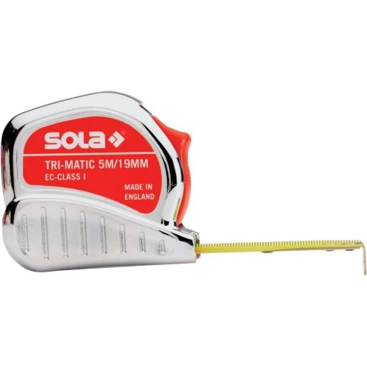 SOLA Bandmaß - TRI-MATIC - 10m - 25mm - Profi-Taschenbandmaß mit Gürtelclip - Stahlband, gelb lackiert mit mm Skala - Genauigkeitsklasse I - Rollmeter mit beweglichem Endhaken - Länge 10m-25mm