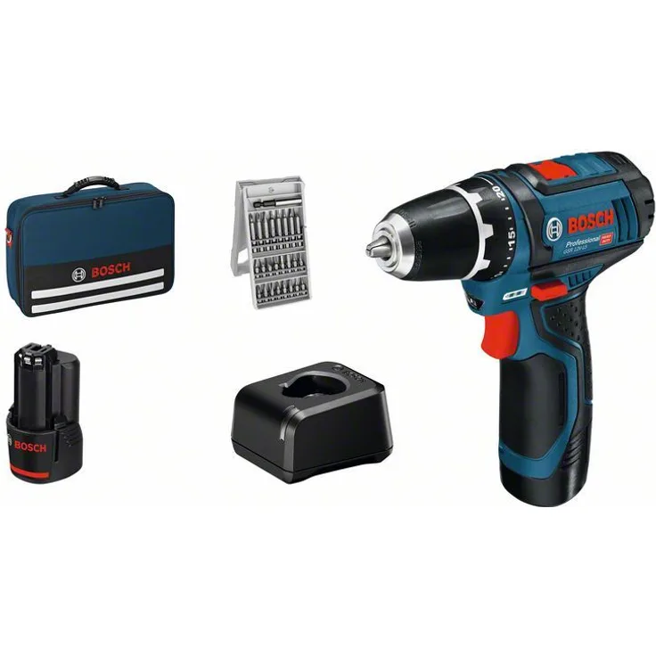 Bosch Professional Akku-Bohrschrauber GSR 12V-15, mit 2 Akkus, Ladegerät und Bit-Set