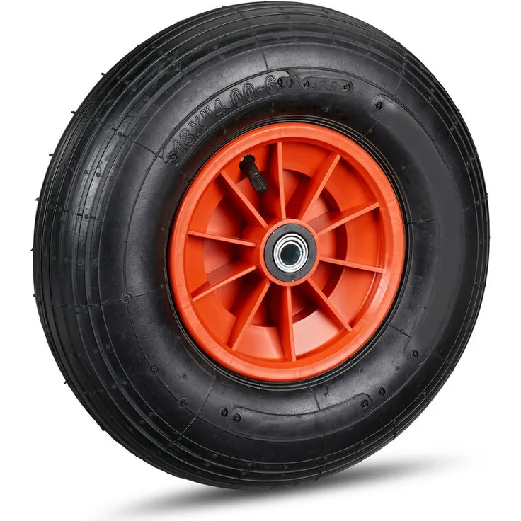 Schubkarrenrad, 4.00-6 Reifen, Kunststofffelge, luftbereift, 3 Adapter, Ersatzrad Schubkarre, schwarz-rot