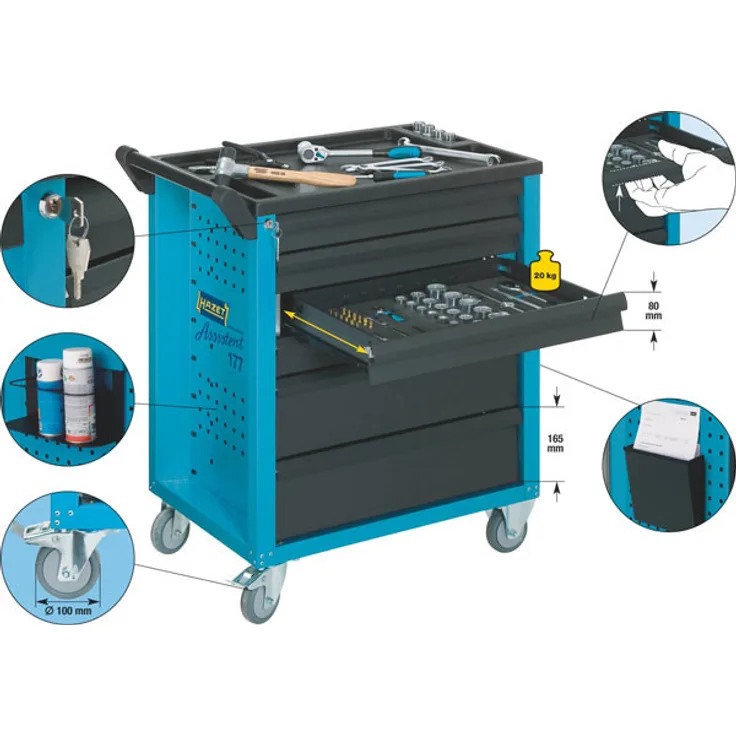 Hazet Werkstattwagen Assistent - Schubladen flach: 4 x 80 x 527 x 348 mm - Schubladen hoch: 2 x 165 x 527 x 348 mm - Höhe x Breite x Tiefe: 915 x 779.5 x 496 - 177-6
