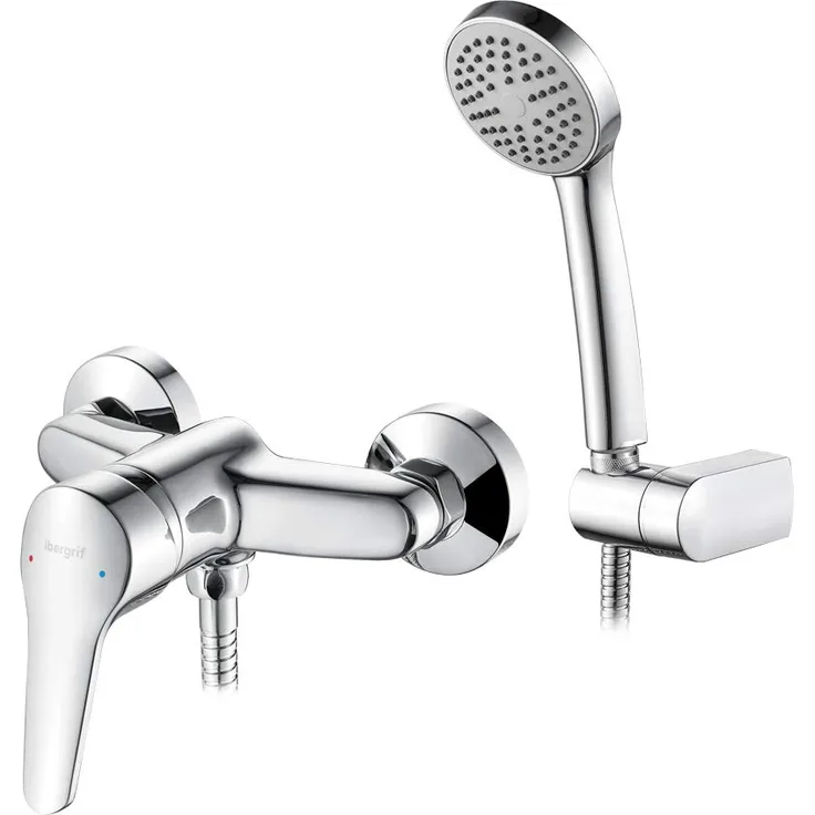 IBERGRIF M12050 M12050-Roma, Einhand Duscharmatur Set, Brausebatterie mit Duschkopf, Duschkopfhalter, und Brauseschlauch, Chrom, Silber