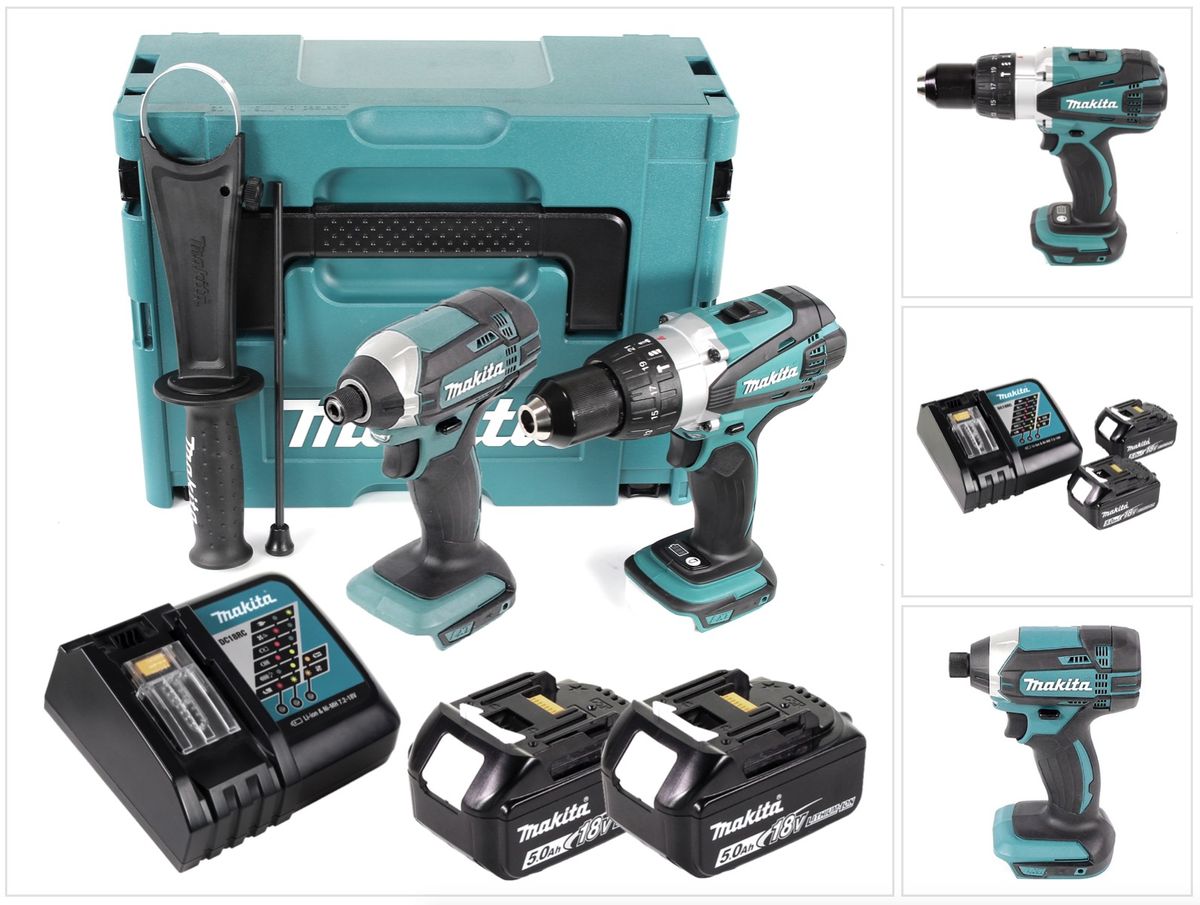 Makita DLX2145TJ 18V Kombi-Kit DHP458 Akku-Schlagbohrschrauber und DTD152 Akku-Schlagschrauber, 2x5 Ah Akku, Ladegerät, Makpac