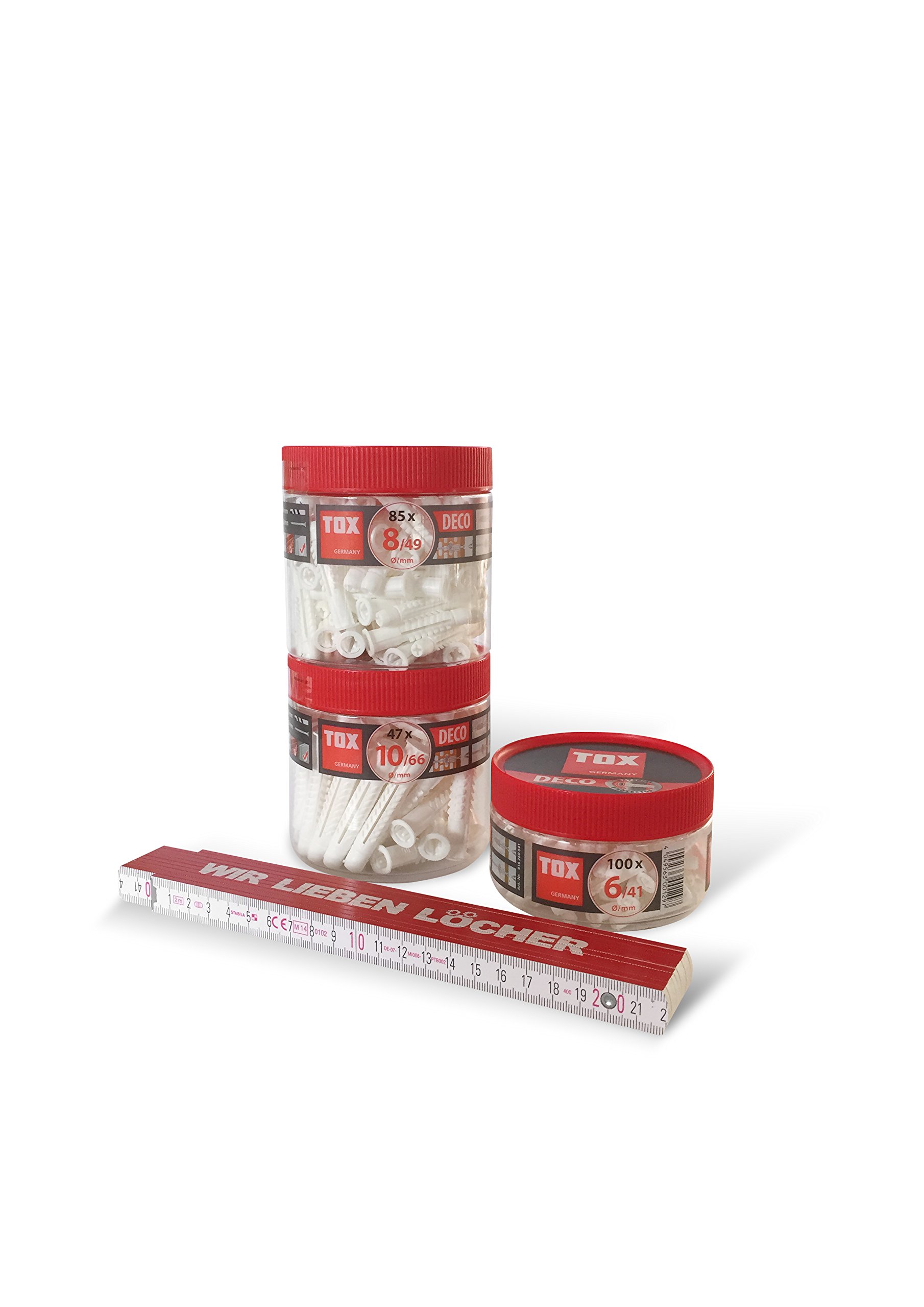 TOX Allzweckdübel mit Kragen Deco Ø 6 mm Ø 8 mm Ø 10 mm + TOX Meterstab, Dübel für fast alle Baustoffe, Bundle 4 tlg., 1 Stück, 01619112