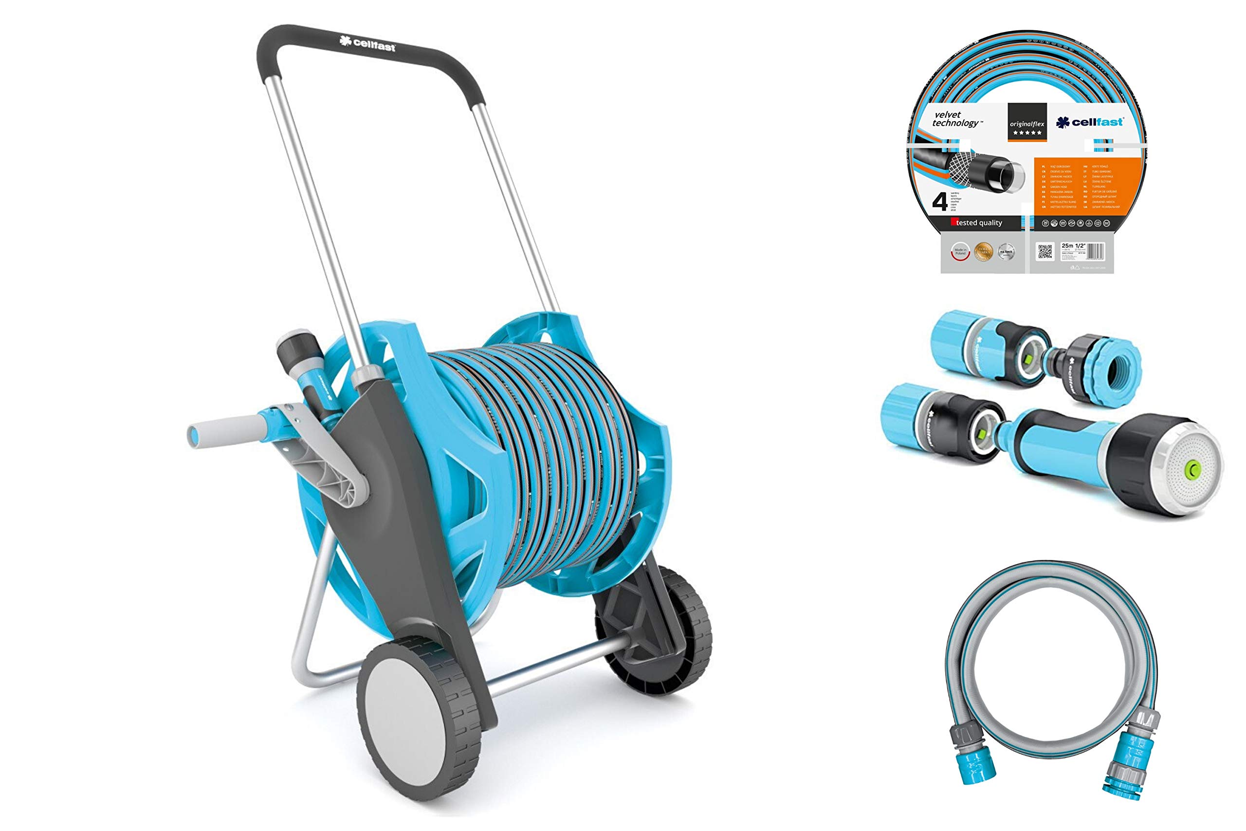 Cellfast Satz DISCOVER Schlauchwagen, Gartenschlauch 30m, 1-2, Anschlussgarnitur und einfache Multifunktionsbrause mit zwei Schnellverbindungsstücke, 55-630