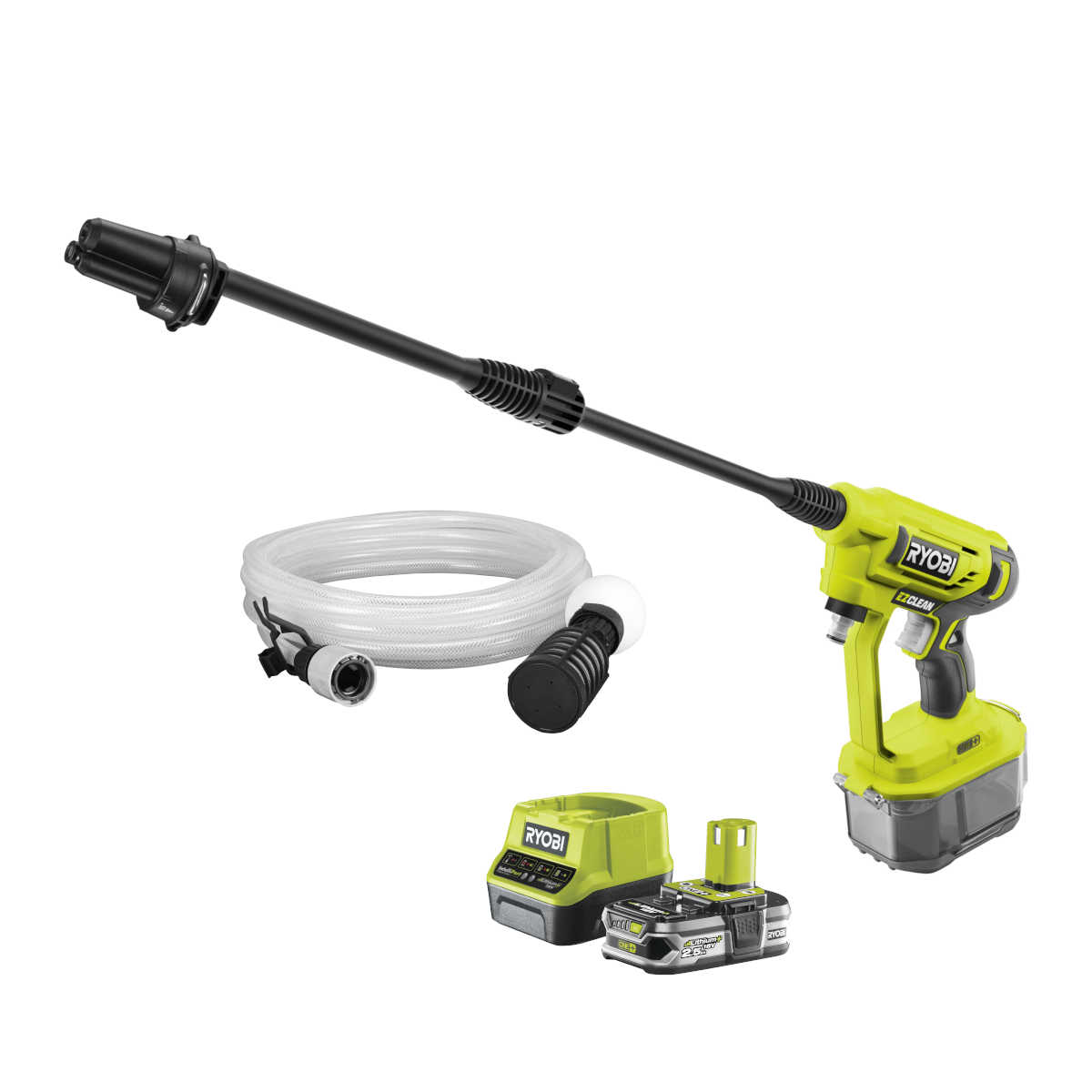 RYOBI Akku-Mitteldruckreiniger RY18PW22A-140, 3 in 1 Düse, mit Akku und Ladegerät, 6 Meter Siphon Schlauch, 18 V, 4 Ah
