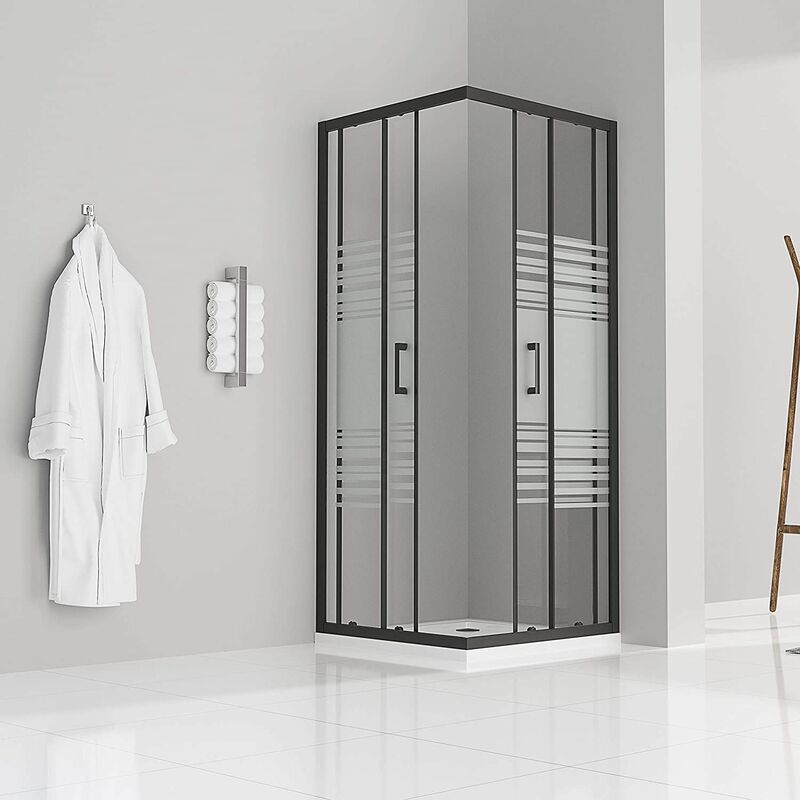 Duschkabine mit Schiebetüren Eckdusche mit Rollensystem aus teilsatiniertem ESG Glas 185cm Hoch mit schwarzen Profilen DK79 100x100 cm