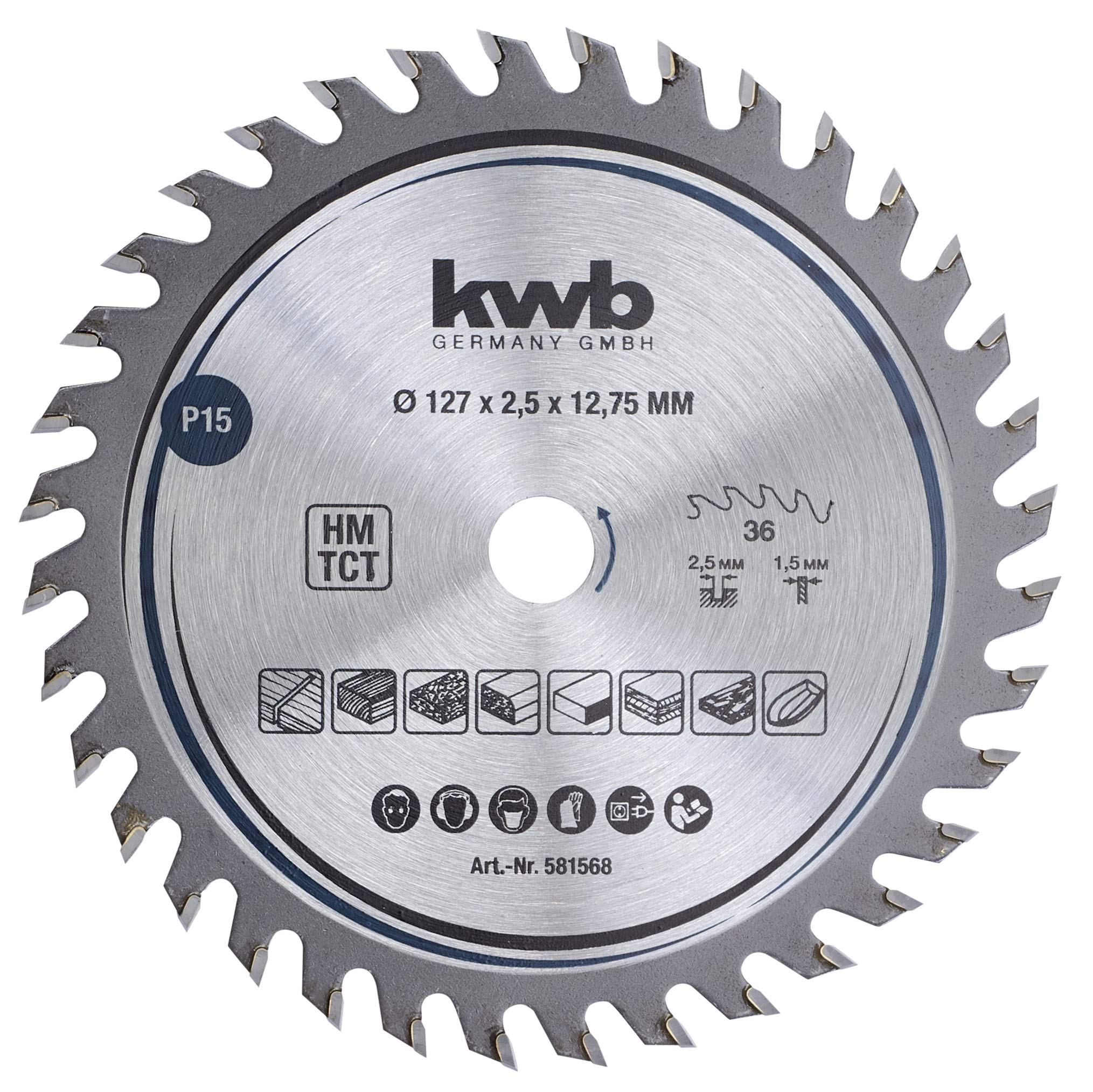 kwb 581568 Tischler-Kreissäge-Blatt, Holz--Hartholz, 127 x 12,7 mm Schnitte, hohe Zahl, 36 Zähne Z-36, Präzisions-Sägeblatt fein, 75