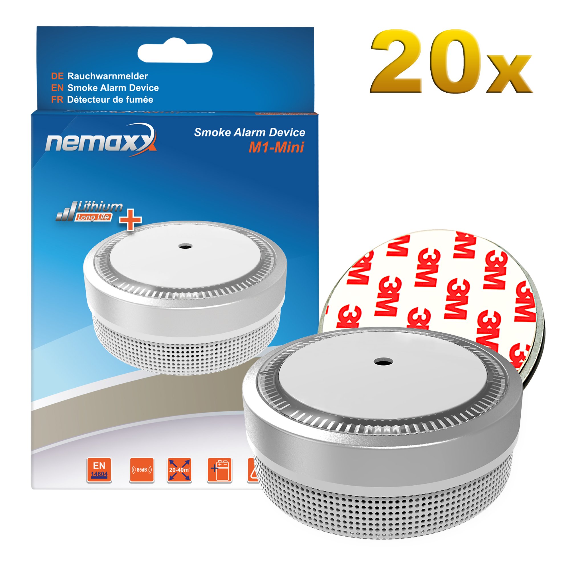 20x Nemaxx M1-Mini Rauchmelder silberfarben - fotoelektrischer Rauchwarnmelder nach neuestem Standard mit Lithiumbatterie Typ DC3V nach DIN EN14604 20x Nemaxx Magnethalterung