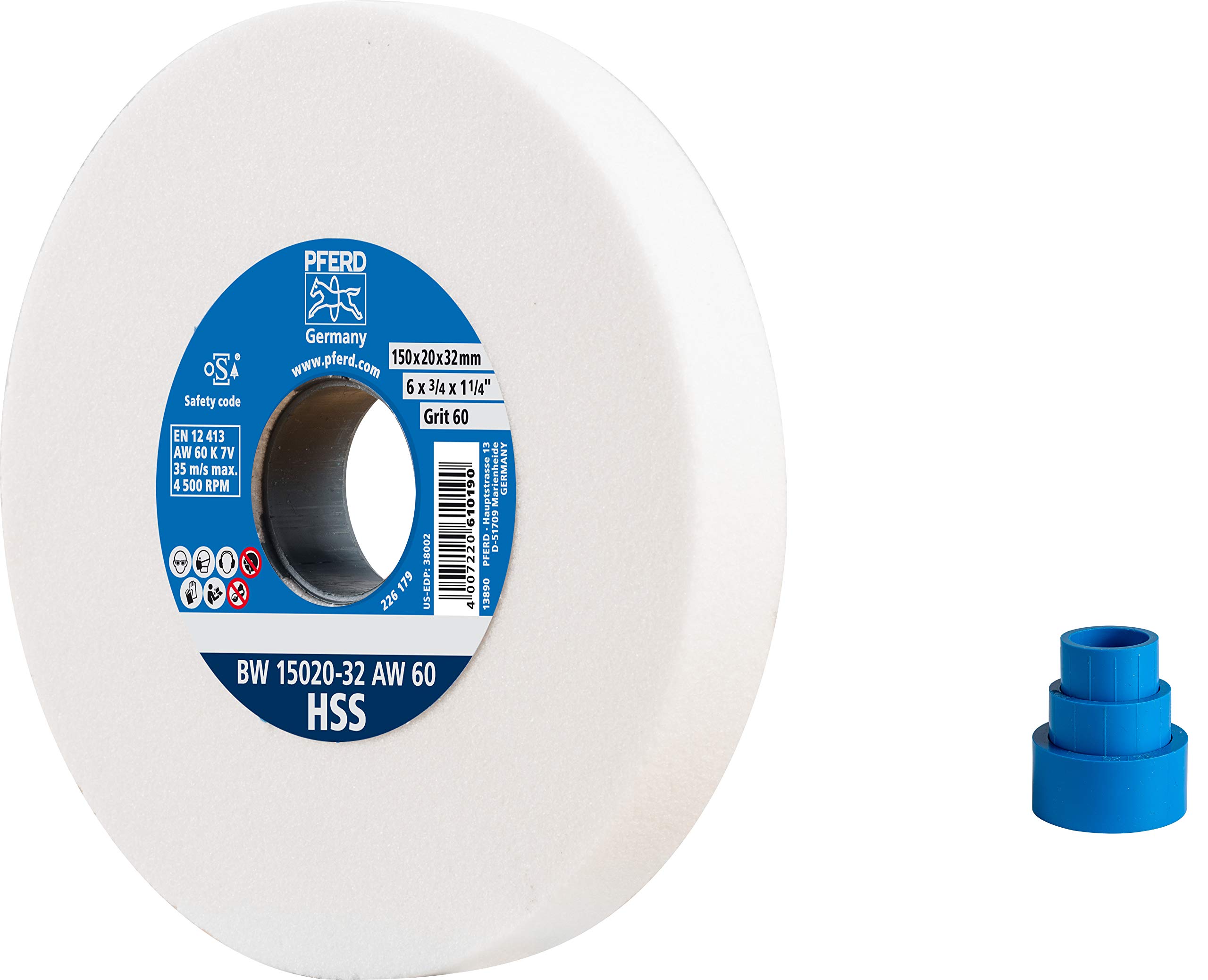 PFERD Schleifbockscheibe, 150x20x32, Ausführung HSS, Korngröße 60, Edelkorund weiß, 39008424 – Schleifbockscheibe für das Bearbeiten hochlegierter Stähle mit integrierten Reduzierhülsen (25-20-16mm)
