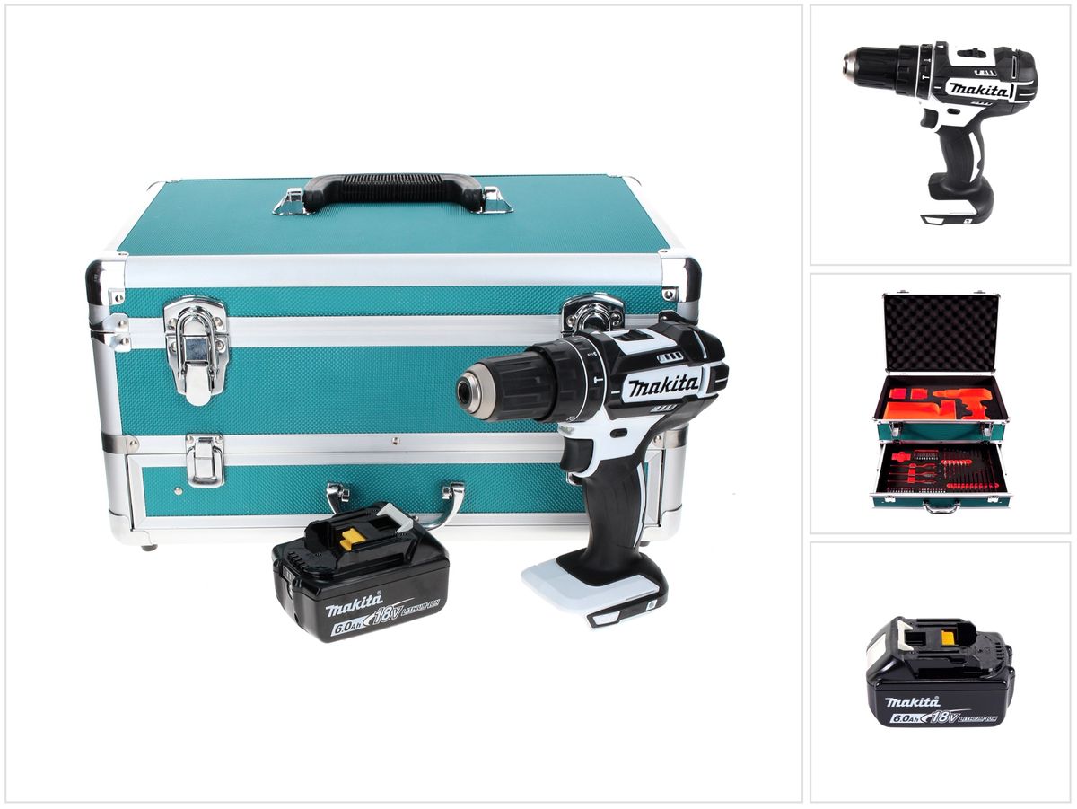 Makita DHP482G1TXW Akku Schlagbohrschrauber 18 V 62 Nm Weiß + 1x Akku 6,0 Ah + 70 tlg. Bit Bohrer Set + TX Alu Koffer - ohne Ladegerät