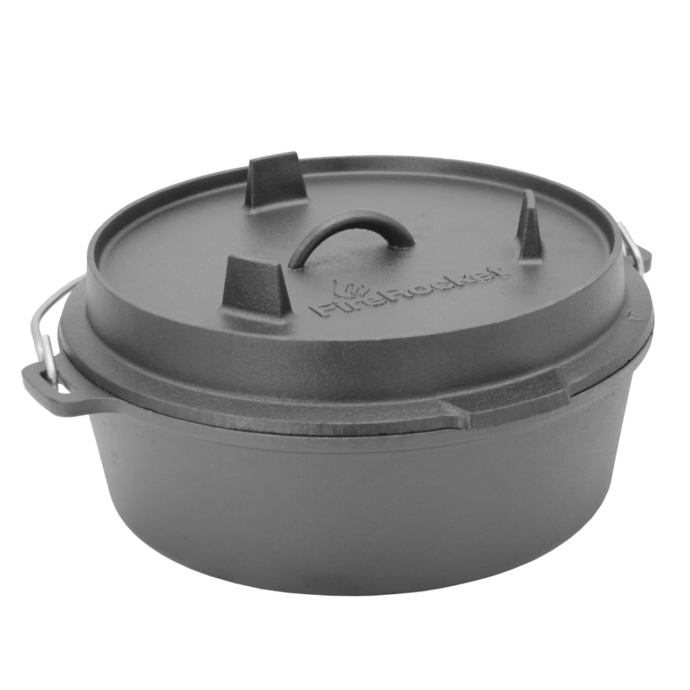 FireRocket Dutch Oven 6qt 5,5L ohne Füße Premium Gusseisen Schmortopf Gusstopf Feuertopf Bräter eingebrannt niederländischer Kochtopf