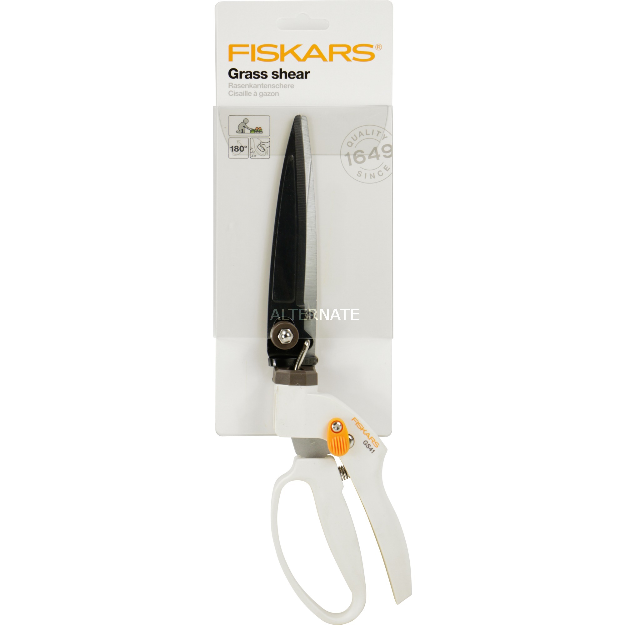Fiskars Rasenkantenschere GS41 für Form- und Rückschnitt von Rasen und Hecken, Länge 35,5 cm, Gewicht 250 g, Weiß-Orange, FiberComp-Hochwertiger Stahl, Light, 1026917 mittelgroß