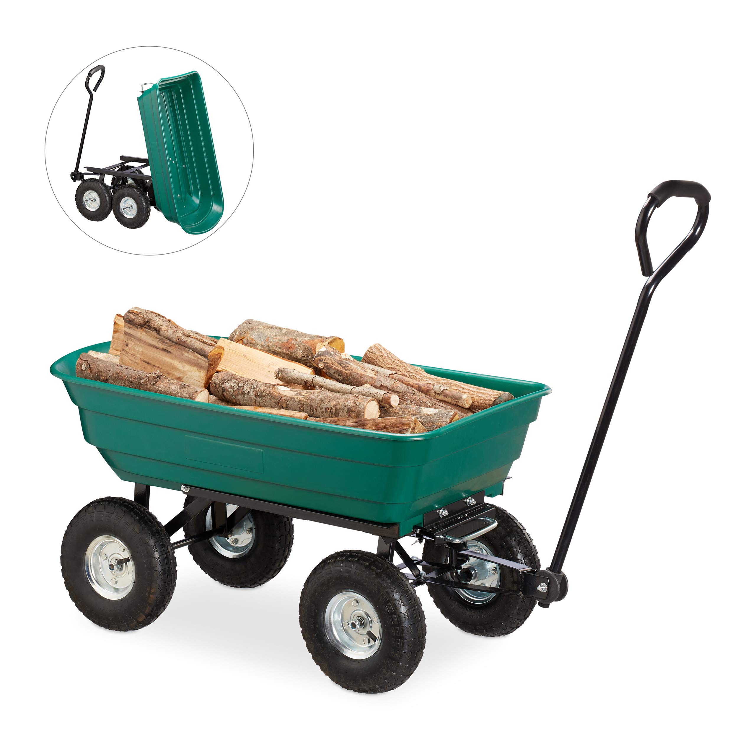 Relaxdays, grün Kippwagen, Gartenwagen mit Kippfunktion, zum Outdoor Transport, Lenkachse, bis 200kg, Luftreifen 3.50-4''