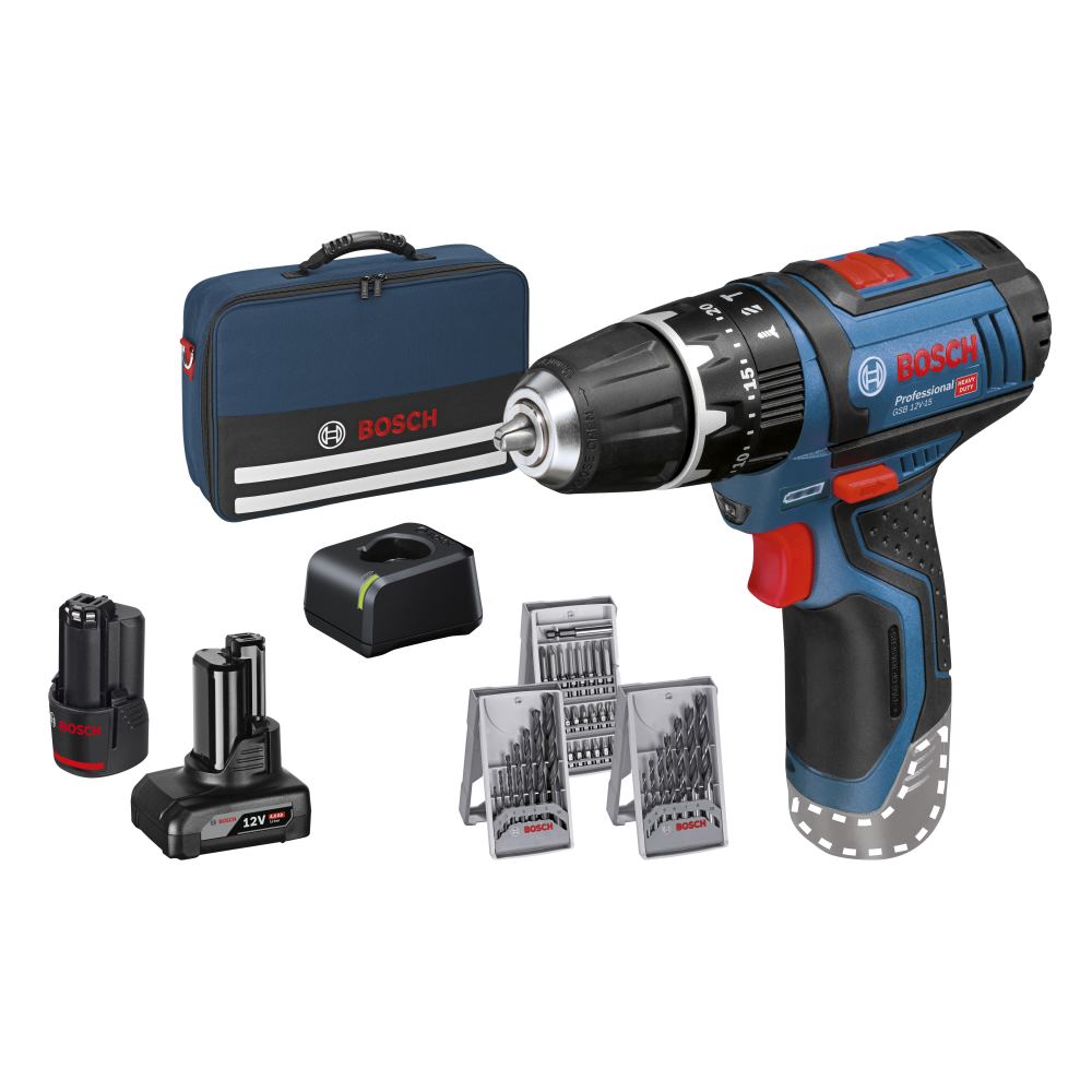 Bosch Professional Akku-Schlagbohrschrauber GSB 12V-15, mit 1 x 4.0 Ah,1 x 2.0 Ah Li-Ion Akku,Ladegerät,39tlg. Zubehör-Sets,Tasche - 06019B690G