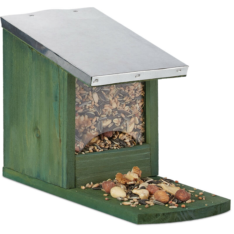 Relaxdays - Eichhörnchen Futterhaus, Holz Futterstation, wetterfest, Metalldach, Eichhörnchenhaus zum Stellen, dunkelgrün