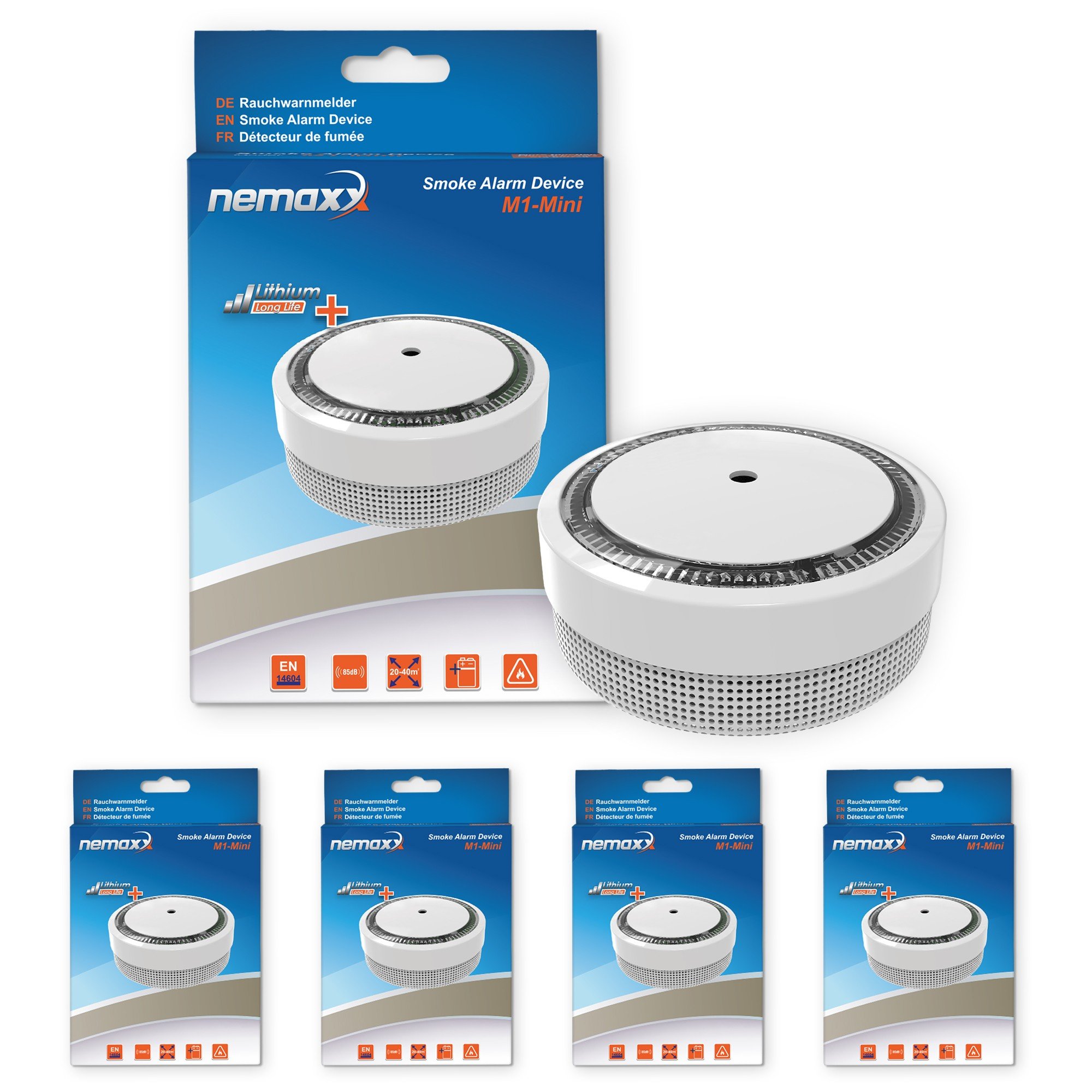 4X Nemaxx M1-Mini Rauchmelder - sensibler, photoelektrischer Rauchwarnmelder mit Lithiumbatterie Typ DC3V nach DIN EN14604 & - weiß