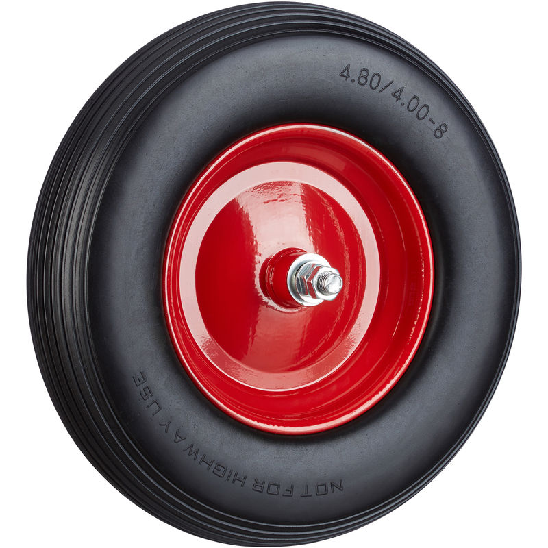1 x Schubkarrenrad Vollgummi mit Achse, 4.80 4.00-8 Gummirad, pannensicher, 100kg Tragkraft Ersatzrad, schwarz-rot