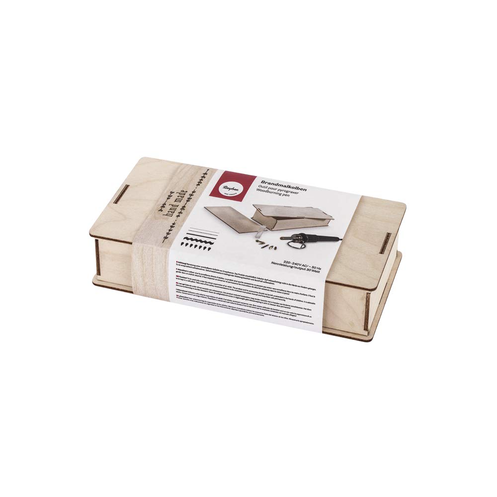 Rayher 89366000 Brandmalkolben in Holzbox, kleiner, handlicher Brennstab für Brandmalerei auf Holz, Kork oder Leder, inklusiv 5 verschiedene Aufsätze, 1 Ablage, 1 Test-Holzstück