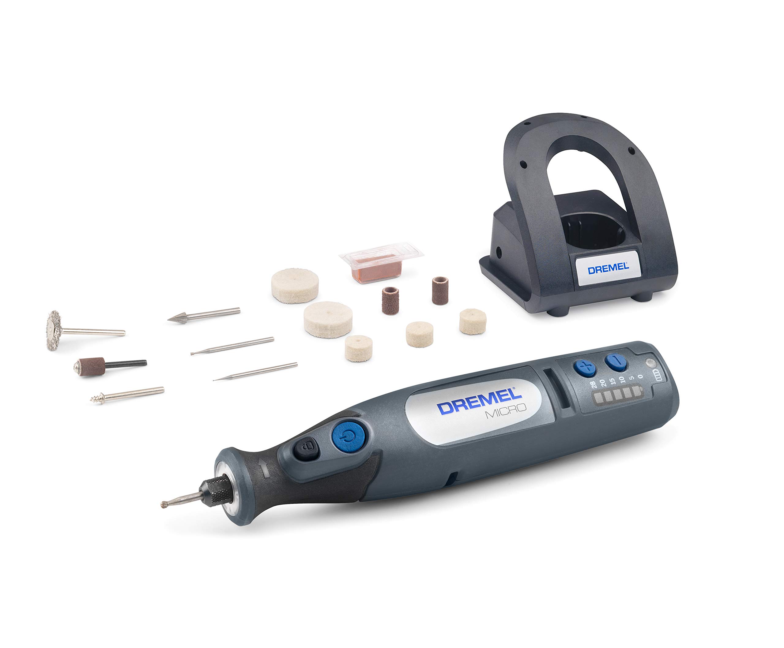 Dremel Micro 8050 Akku Multifunktionswerkzeug 7,2 Volt - Multifunktionswerkzeugset mit 15 Zubehören, Variable Drehzahleinstellung 5.000-28.000 1/min zum Gravieren, Schleifen, Reinigen u.v.m.