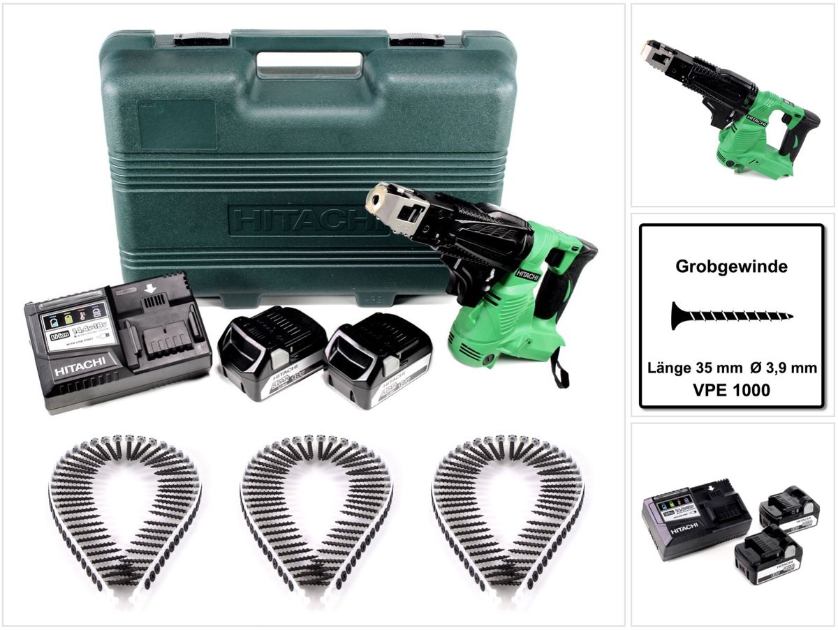Hitachi WF 18 DSL 18 V Li-Ion Akku Schnellbau Schrauber im Koffer + 2 x 5,0 Ah Akku + Ladegerät + 1000 Magazinschrauben Grobgewinde