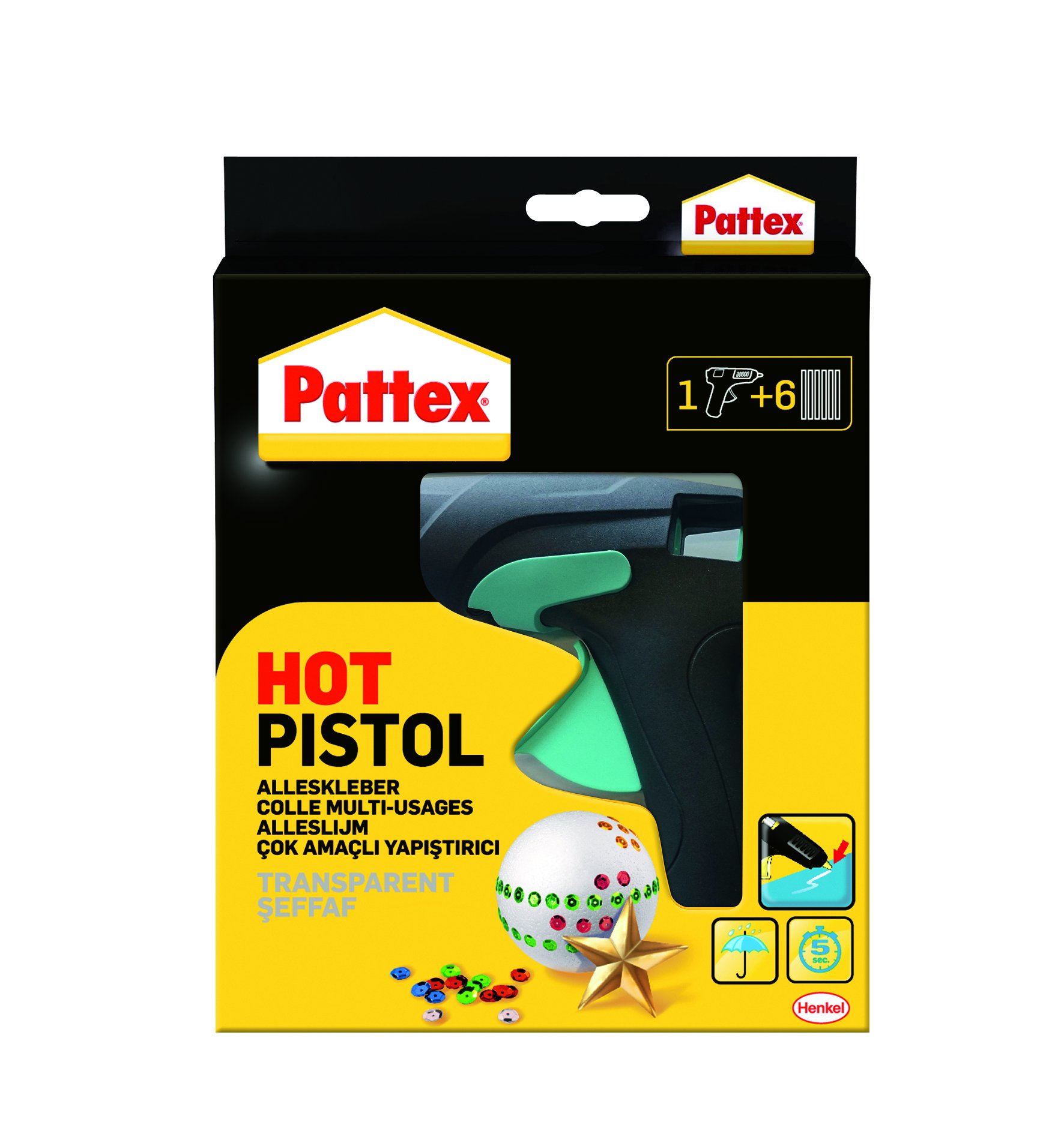 Pattex Hot Pistol Heißklebepistole - Klebepistole mit mechanischem Vorschub und hitzeisolierter Düse - Set mit Pattex Heißklebepistole + 6 Klebesticks, Ø 11 mm