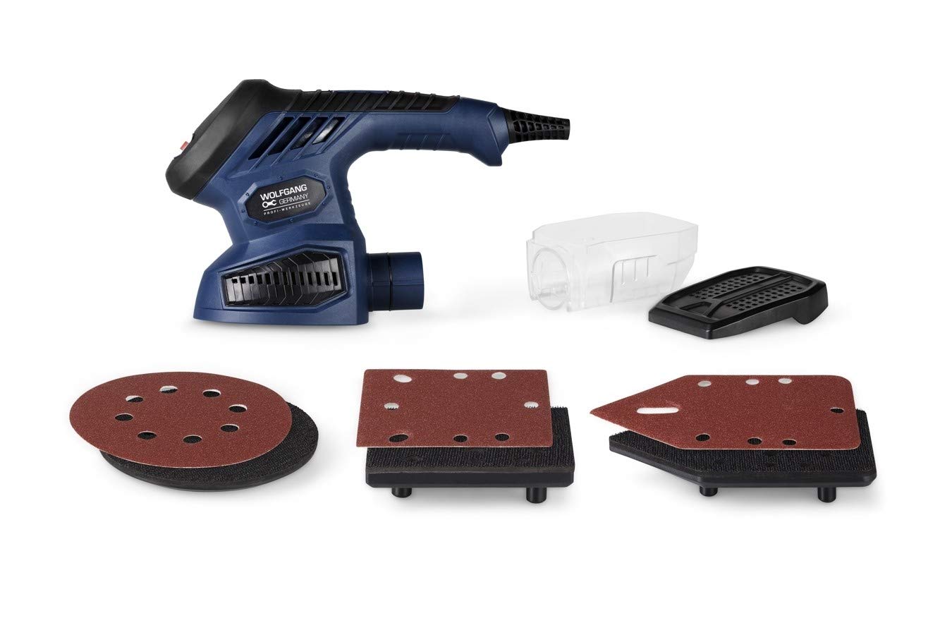WOLFGANG® 3-in-1 Multischleifer , Dreieickschleifer, Exzenterschleifer und Schwingschleifer , Wechselbare Schleifplatten mit Klettverschluss, Staubfangbehälter und Satz Schleifblätter , 260 Watt