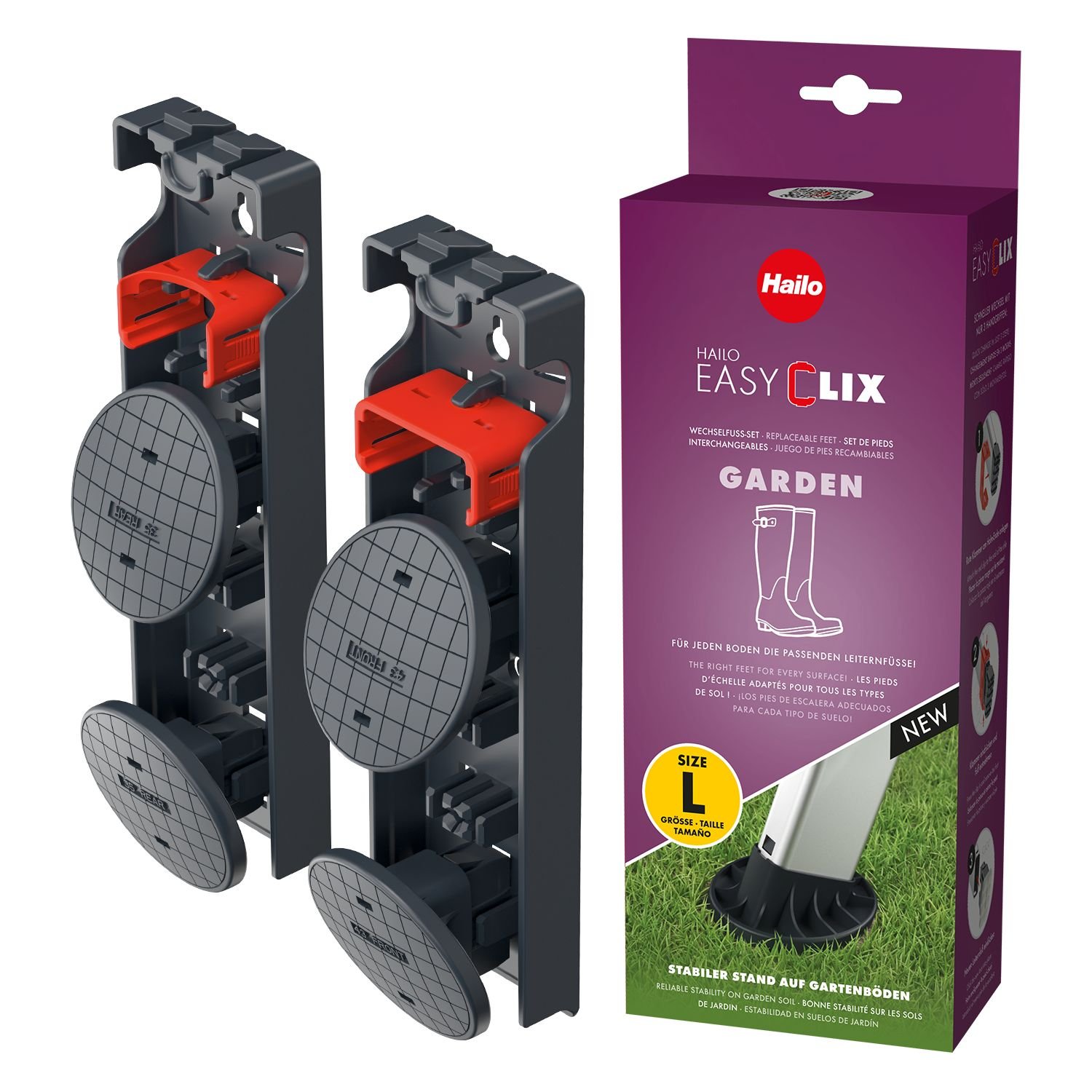 Hailo EasyClix Garden Size L, Wechsel-Fuß-Set für Hailo Stehleitern, für stabilen Stand auf weichen Untergründen, einfacher Wechsel, 9948-001