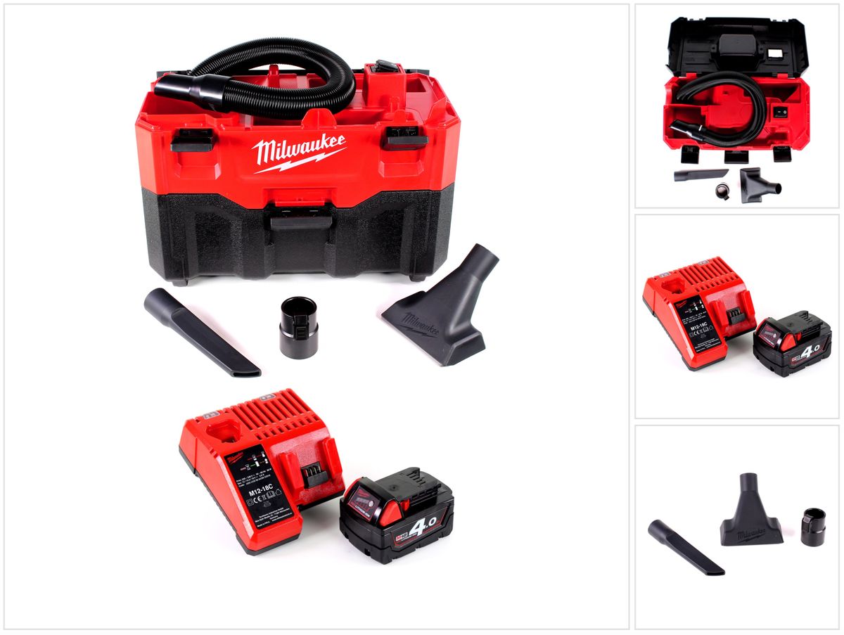 Milwaukee M18 VC2-401 FC 18 V Akku-Nass-_Trockensauger + Milwaukee M18 B4 Akku 18 V _ 4,0 Ah + Milwaukee M12-18FC Universal Akku Schnell Ladegerät