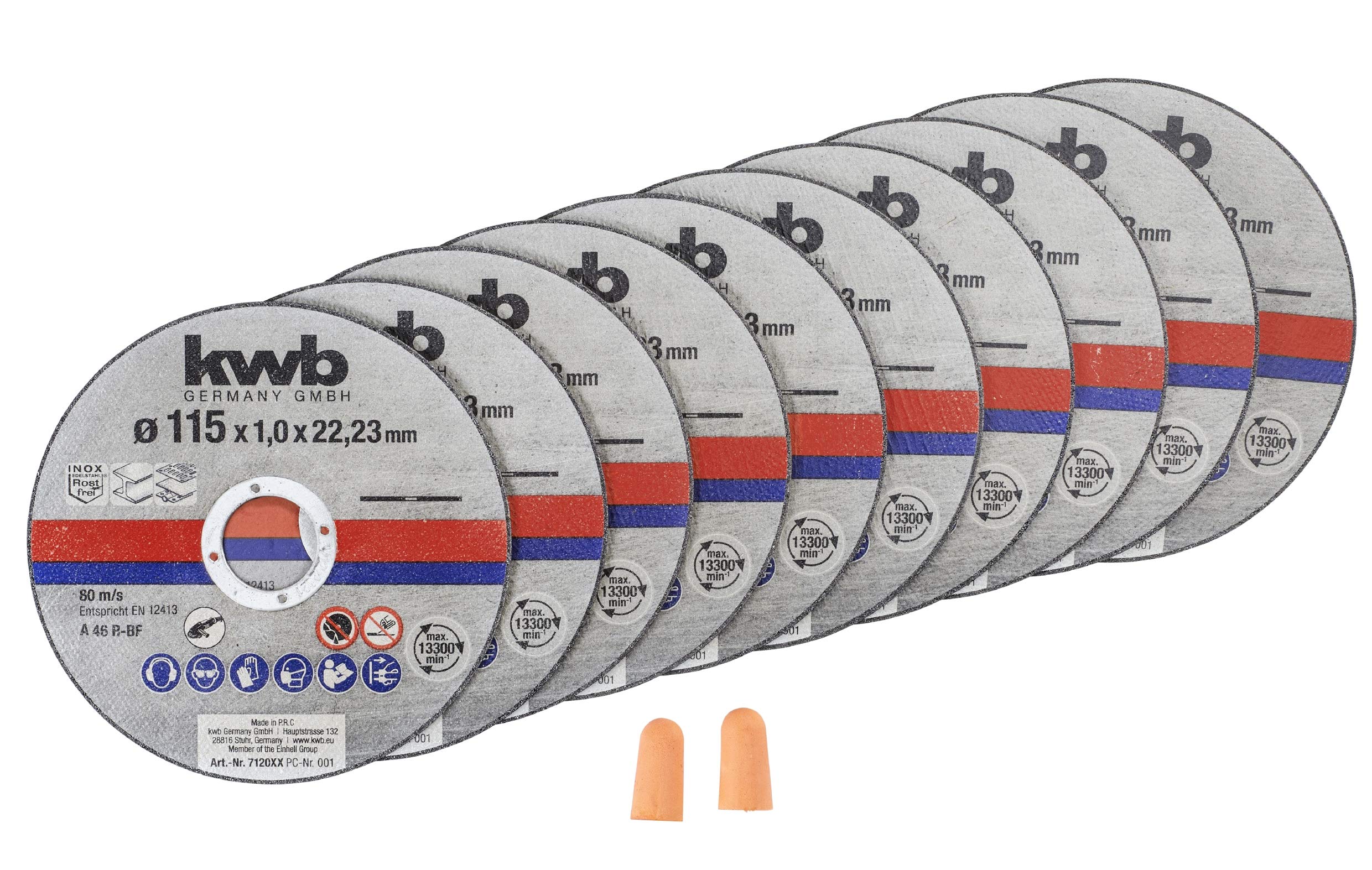 kwb 712021 Dünn-Trennscheiben für Winkelschleifer 115 mm Flex-Scheibe f. Edel-Stahl INOX in Aufbewahrungs-Dose inkl. Ohrstöpsel ABM. 115 x 1,0 x 22,23