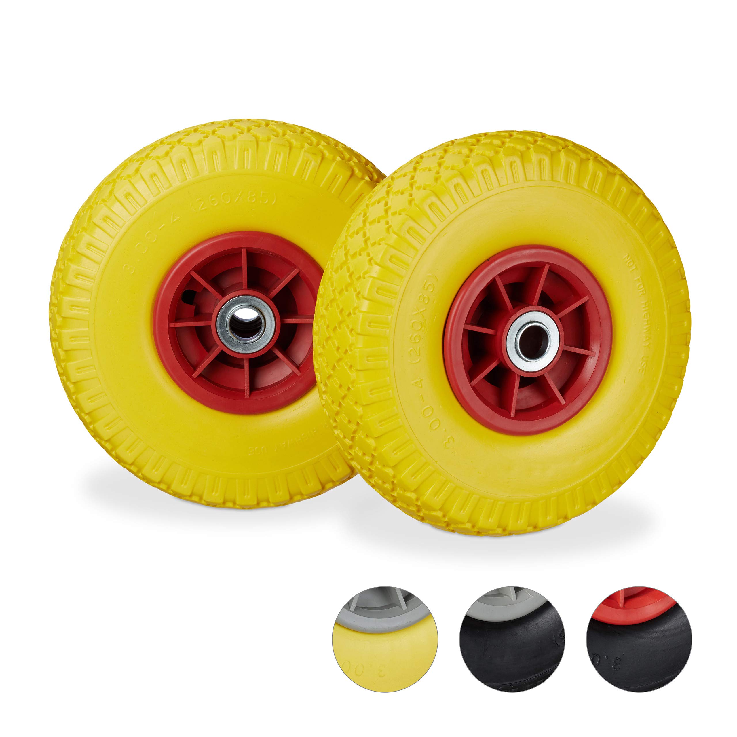 Relaxdays, gelb-rot 2X Sackkarrenrad, pannensichere Vollgummireifen, 3.00-4 Zoll, 20mm Achse, bis 80 kg, 260 x 85 mm