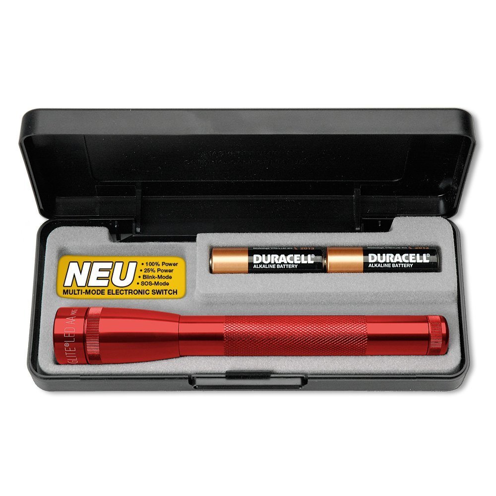 Mag-Lite LED-Taschenlampe SP22037F Mini Maglite 2AA Multimode Hochleistungs-LED-Taschenlampe, 17 cm rot inkl. Mignon-Batterien im Etui