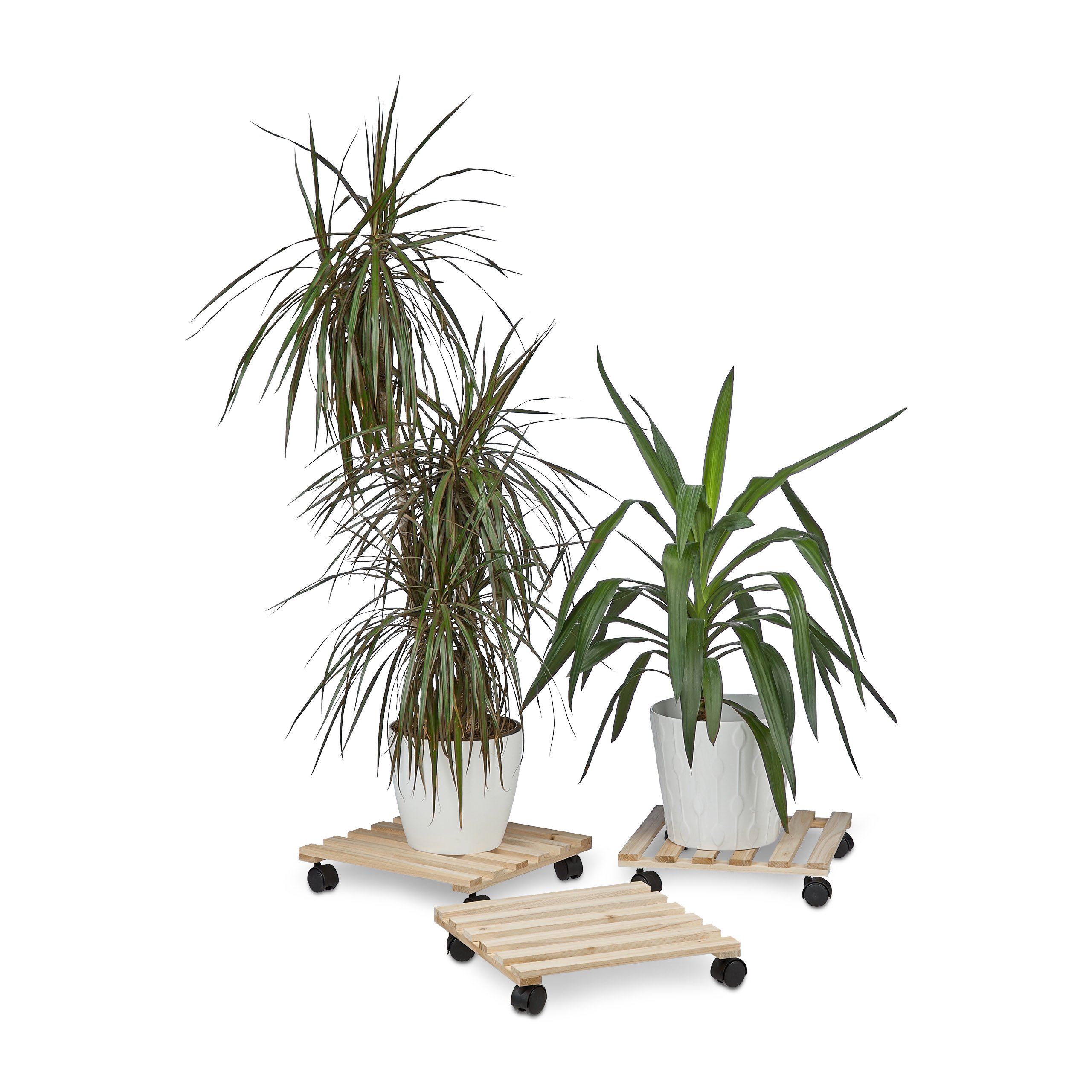 Relaxdays Pflanzenroller 3er Set, Eckig, Aus Holz, Bis 30 kg, Für alle Böden, HBT: ca. 7,5 x 35 x 35 cm, natur