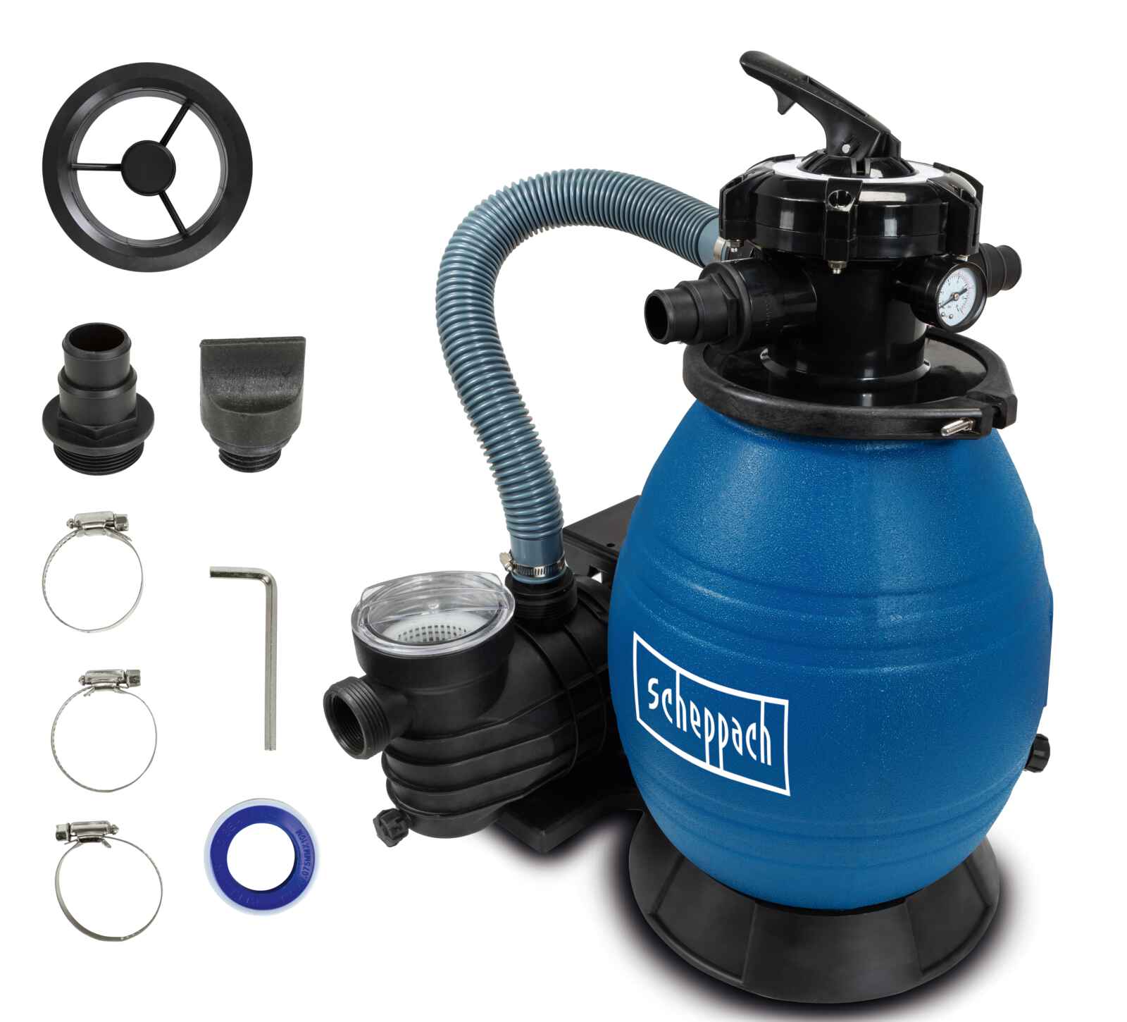 Scheppach PSFA26 Sandfilteranlage 13.800 l/h Sandfilterpumpe Poolpumpe | 32/38 mm Anschluss | 26L Tank | 5in1 - Multifunktionspumpe | 400W | geeignet für Quarzsand & Filterballs | Pool Filteranlage