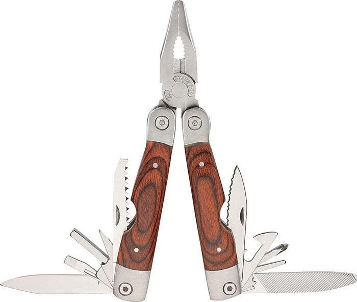 Herbertz Multifunktionswerkzeug L.geschl. 111 mm, 12 Funktionen, Leichtmetall-Gehäuse mit Pakkaholz-Einlage, inklusive Nylonetui und 11 Bits