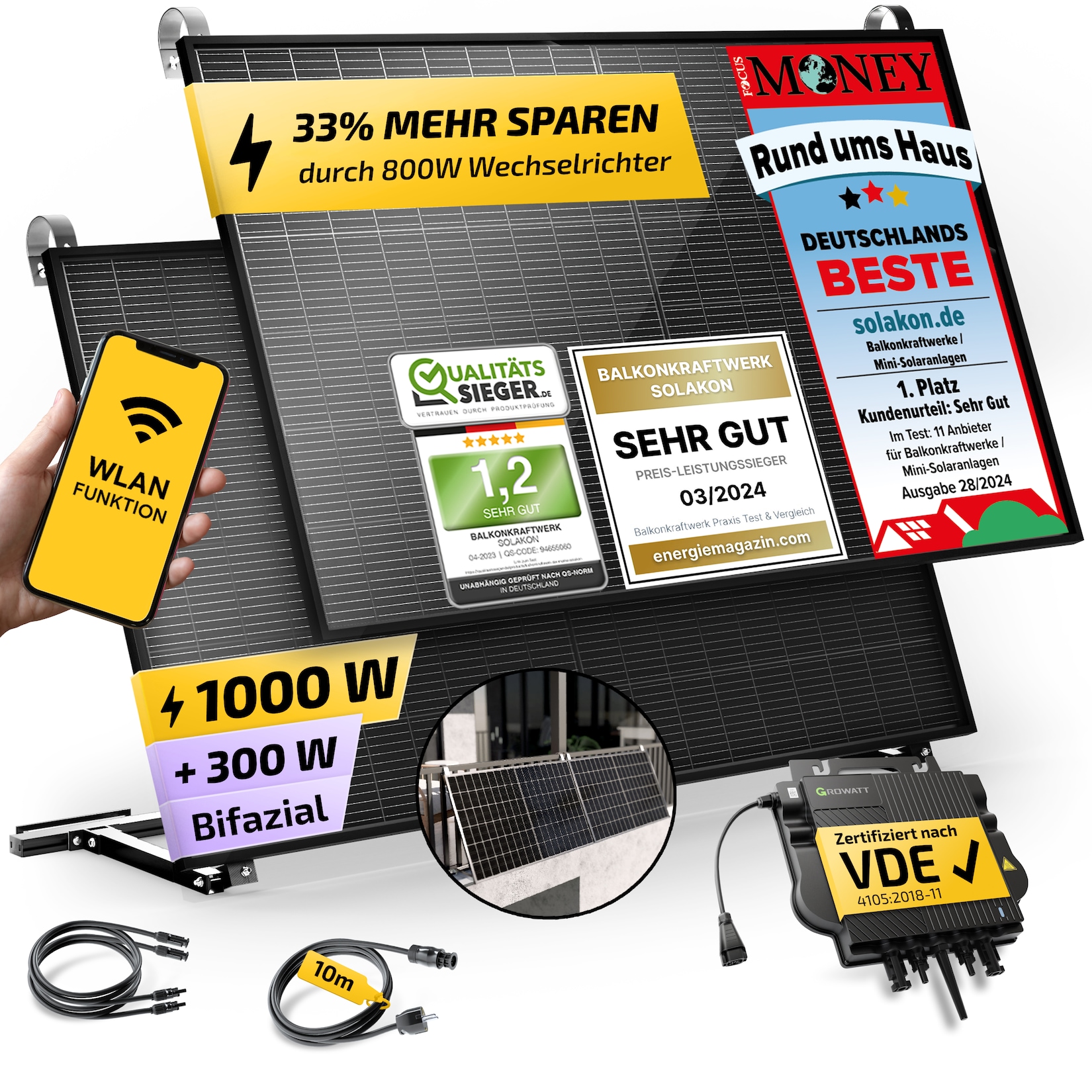 Solakon Balkonkraftwerk 890W / 600W Solaranlage Steckerfertig WIFI mit Balkon Halterung Komplettset Photovoltaik Anlage 600W/800W