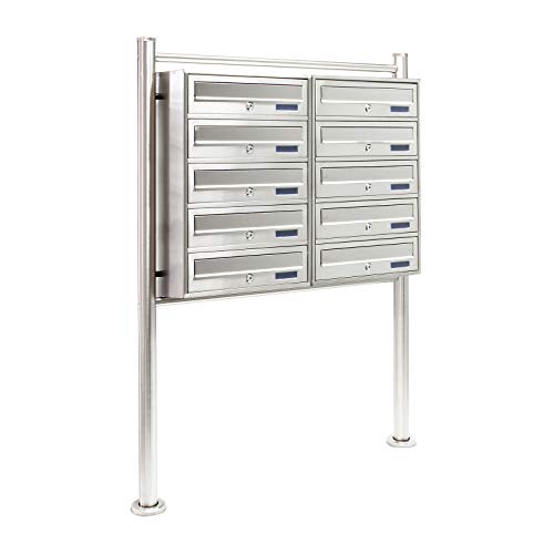 Wiltec 10er Briefkastenanlage Edelstahl, Standbriefkasten mit 2x5 Fächern, Schlüssel und Namensschild, Postkasten mit Ständer