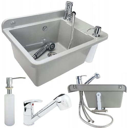QLS Waschbecken, Ausgussbecken mit Armatur Seifenspender Draußen Grau 50,5x34,5x20 cm