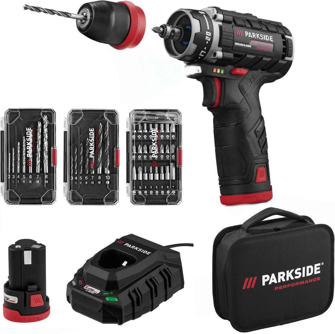 PARKSIDE® PBSPA 12 E4, Akkuschrauber-Set mit 2 Akkus, 39-tlg. Zubehör, 12 V, brushless Motor, Schnellladegerät, in Tasche