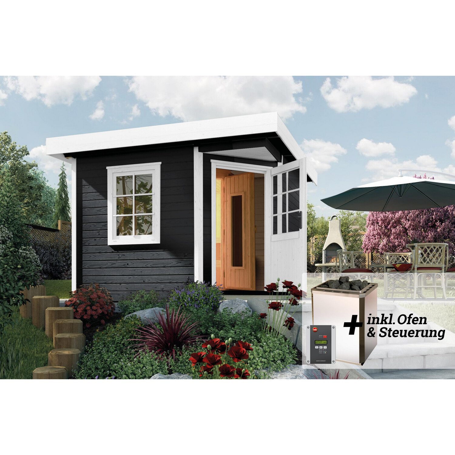 Weka Saunahaus 'Salo 1' anthrazit mit Sauna Varberg 3 und 7,5 kW OS-Ofenset, digitaler Steuerung 298 x 298 x 237 cm - Premium Gartensauna mit nachhaltigem Fichtenholz und integrierter Elementsauna