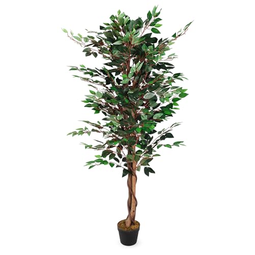 Spetebo Kunstpflanze FICUS im schwarzen Blumentopf, 160 cm, naturgetreue Nachbildung mit 1008 Blättern