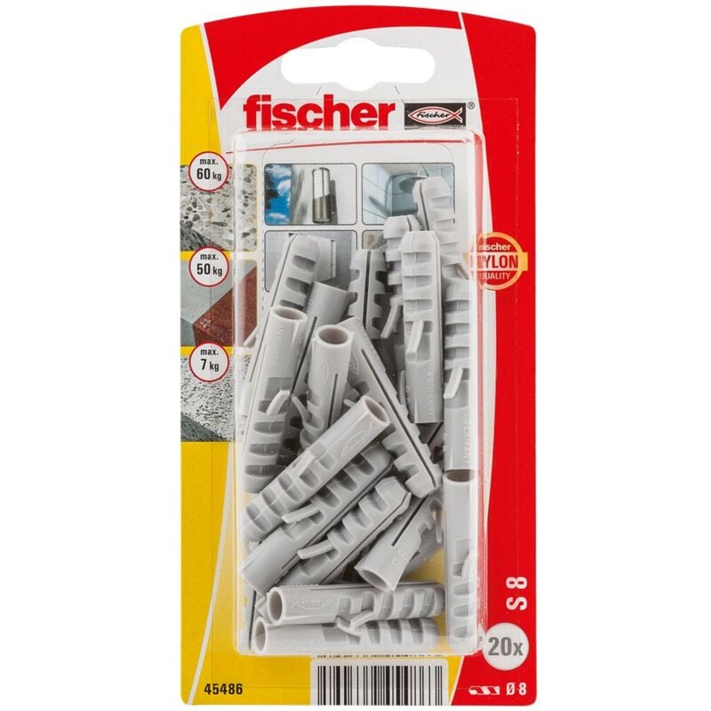 Fischer Dübel S 8, 20 Stück Set, 8 mm Durchmesser, 40 mm Länge, für Mauerwerk und Beton
