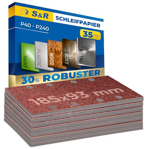 S&R Klett Schleifpapier Profi Set 93 mm x 185 mm, 35 Schleifbläter, 5 Körnungen für Schleifmaschine (5 x P40, 5 x P60, 5 x P80, 10 x P120, 10 x P240)