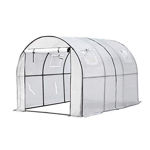 Sekey Gewächshaus Foliengewächshaus Windfest Folientunnel Begehbar Tomatenhaus mit DREI Kleine Fenster für Pflanzen 200x300x190cm, Weiß