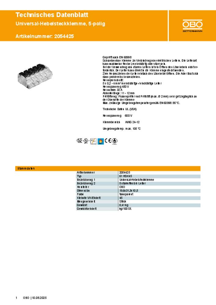 OBO Bettermann Universal-Hebelsteckklemme 61 HSK45, für 5 starre/flexible Leiter