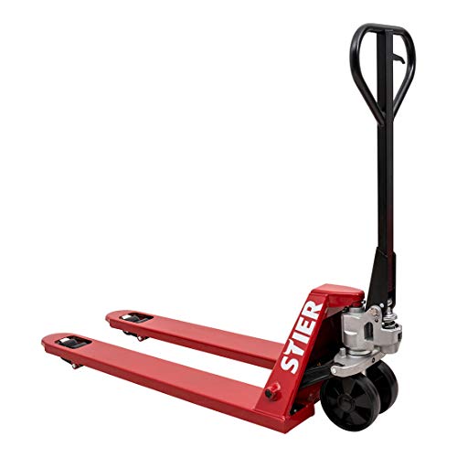STIER Gabelhubwagen, Palettenhubwagen mit Tragkraft 2000 kg, Gabellänge 2000 mm, rot, wartungsfrei, Nylon-Rollen, Lenkeinschlag 210°