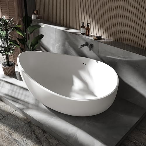 BERNSTEIN Freistehende Badewanne WAVE STONE aus Mineralguss - 180 x 110 cm - Weiß - Matt, Komfortable Liegeposition, gute Wärmeisolierung