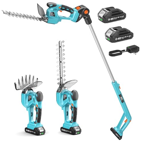 SEESII 4 in 1 Akku Teleskop Heckenschere, mit 2 * 2000mAh Batterie, 200mm Heckenscherenmesser und 160mm Grasscherenmesser, leichte elektrische Gartenschere für präzise Hecken- und Rasenschnitte